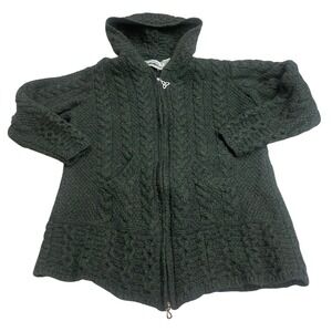 Aran Crafts‎ Women's Green 100% Merino Wool Cable Knit Hooded Sweater Ireland S